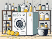 A washing machine surrounded by natural cleaning products like vinegar