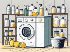 A washing machine surrounded by natural cleaning products like vinegar