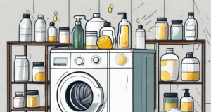 A washing machine surrounded by natural cleaning products like vinegar