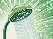 A shower head with water droplets morphing into a healthy